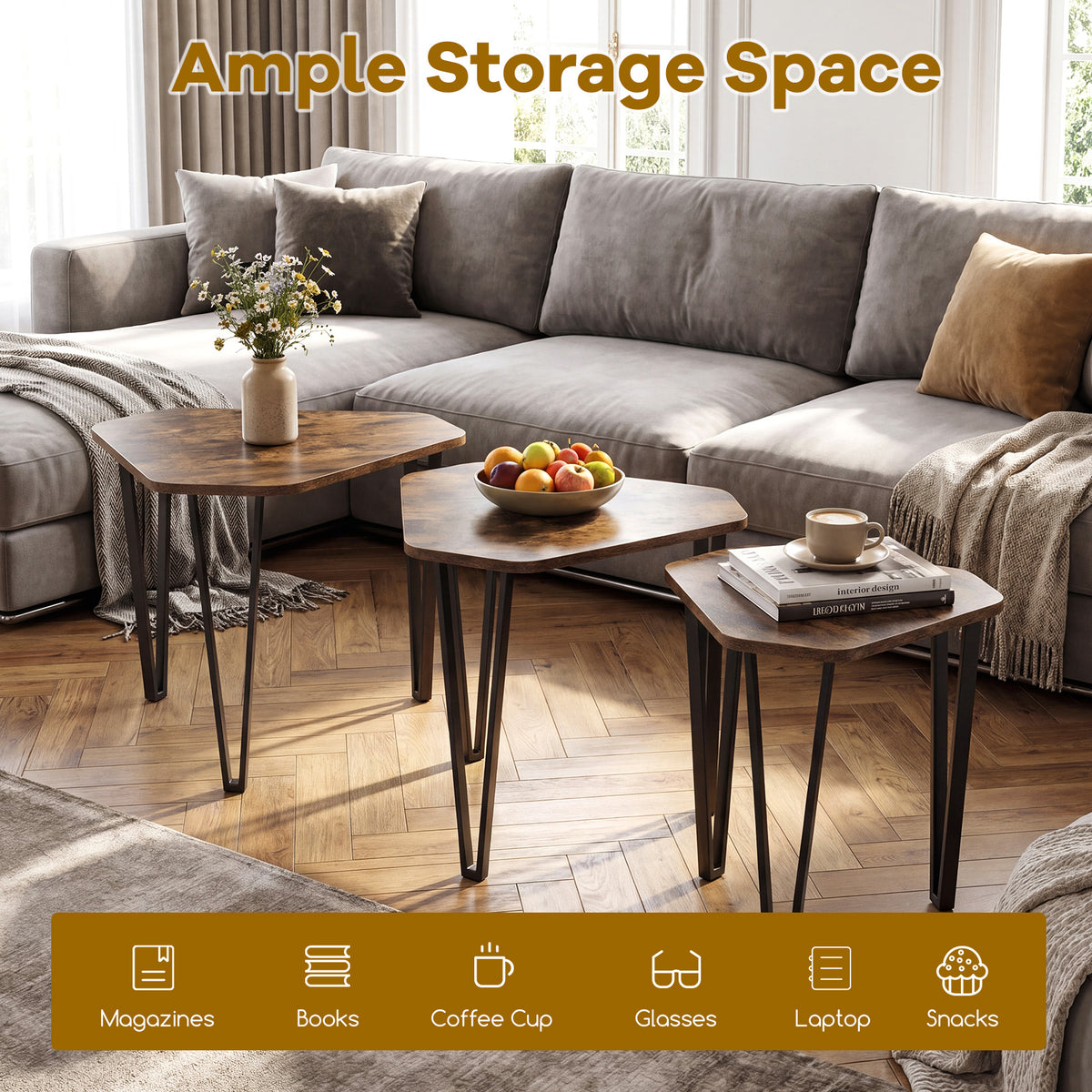 Industrial Nesting Coffee Table Set of 3, Irregular Hexagonal Sofa Side Table Set with Thick Tabletop and Metal Frame