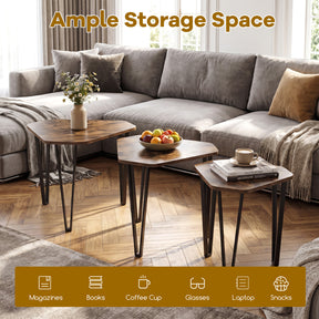 Industrial Nesting Coffee Table Set of 3, Irregular Hexagonal Sofa Side Table Set with Thick Tabletop and Metal Frame