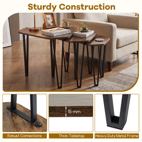 Industrial Nesting Coffee Table Set of 3, Irregular Hexagonal Sofa Side Table Set with Thick Tabletop and Metal Frame