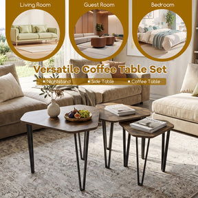 Industrial Nesting Coffee Table Set of 3, Irregular Hexagonal Sofa Side Table Set with Thick Tabletop and Metal Frame