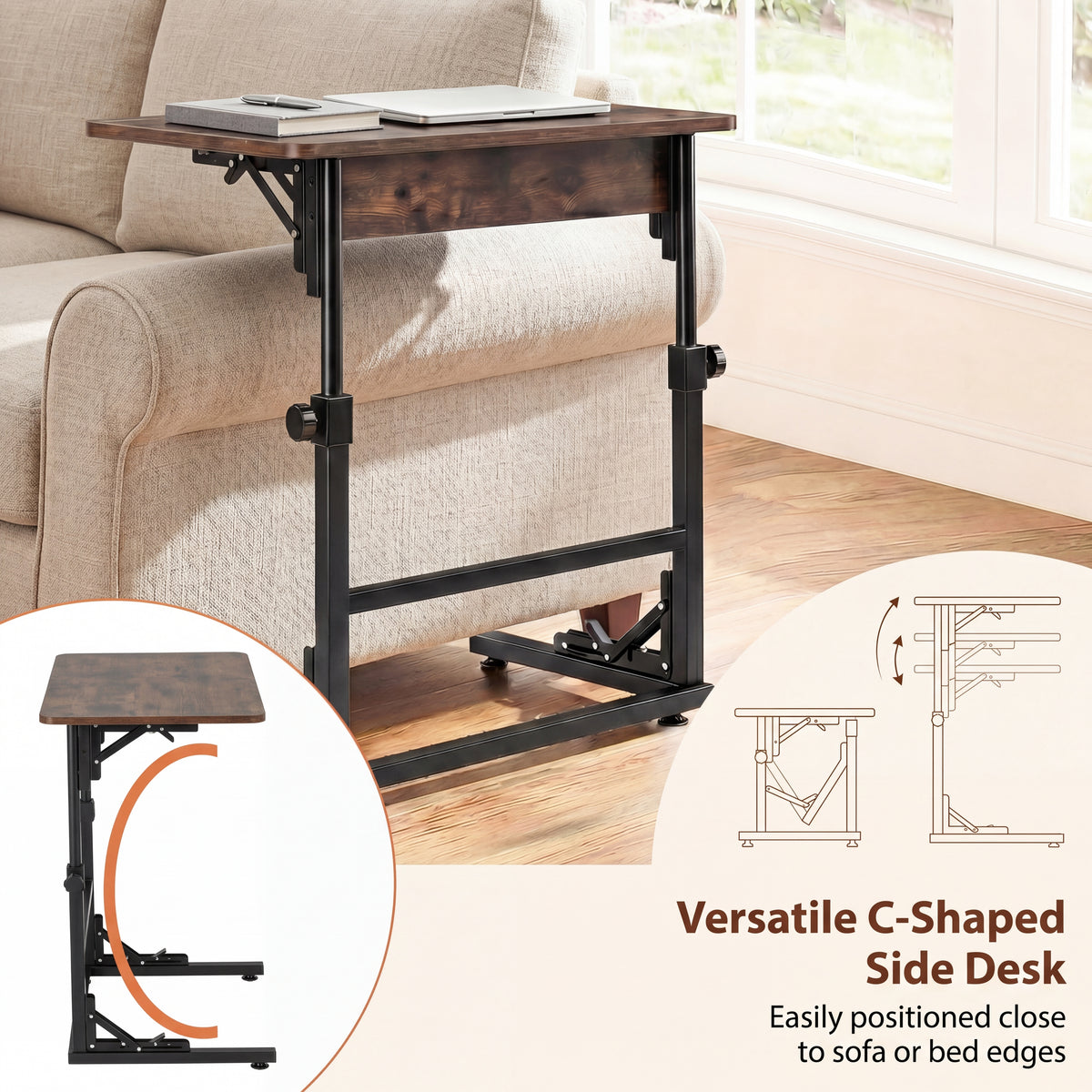 Folding C-Shaped End Table, Height Adjustable Sofa Side Table with Metal Frame