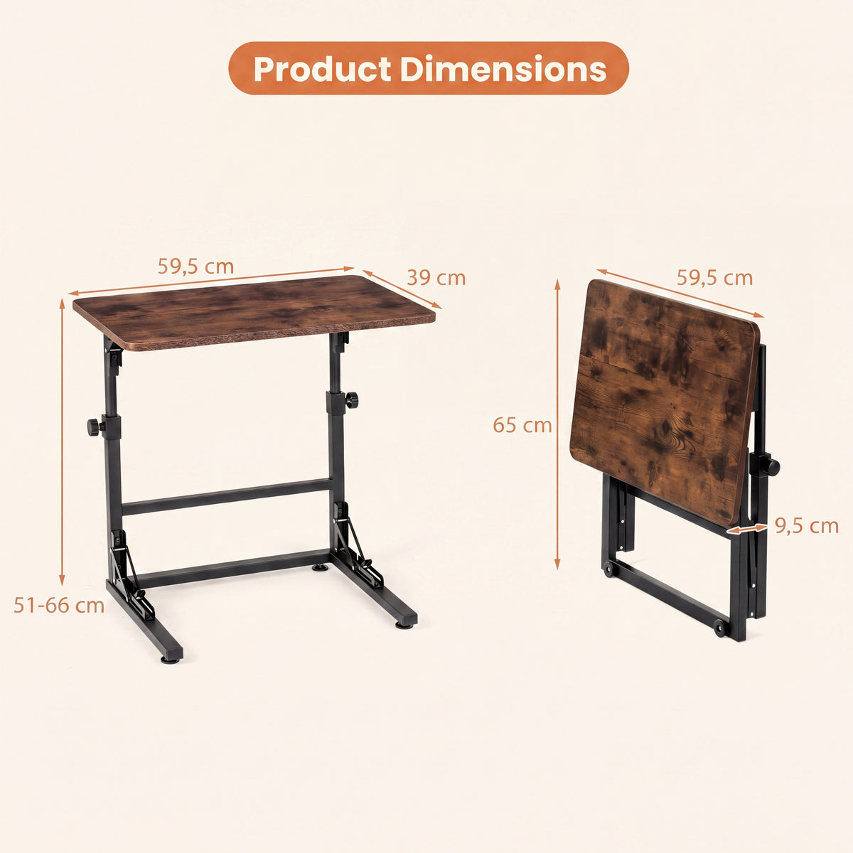 Folding C-Shaped End Table, Height Adjustable Sofa Side Table with Metal Frame