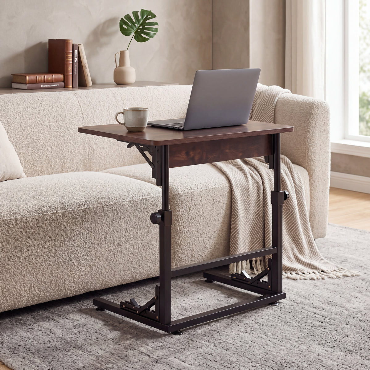 Folding C-Shaped End Table, Height Adjustable Sofa Side Table with Metal Frame