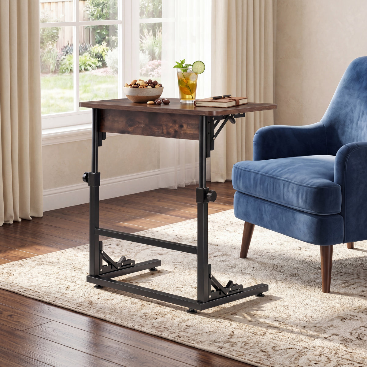Folding C-Shaped End Table, Height Adjustable Sofa Side Table with Metal Frame