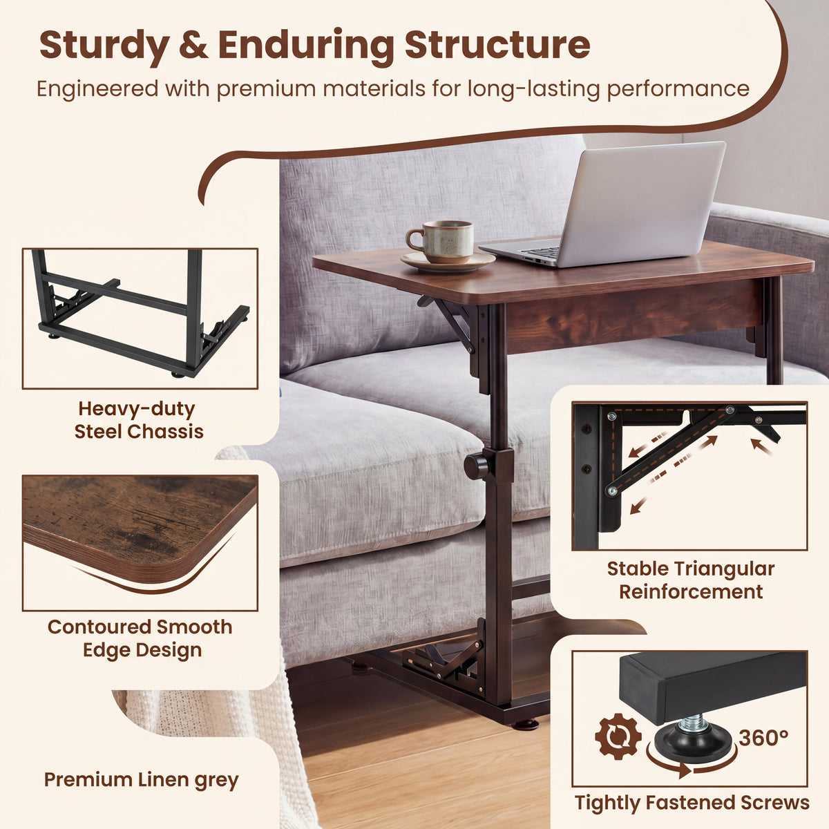 Folding C-Shaped End Table, Height Adjustable Sofa Side Table with Metal Frame