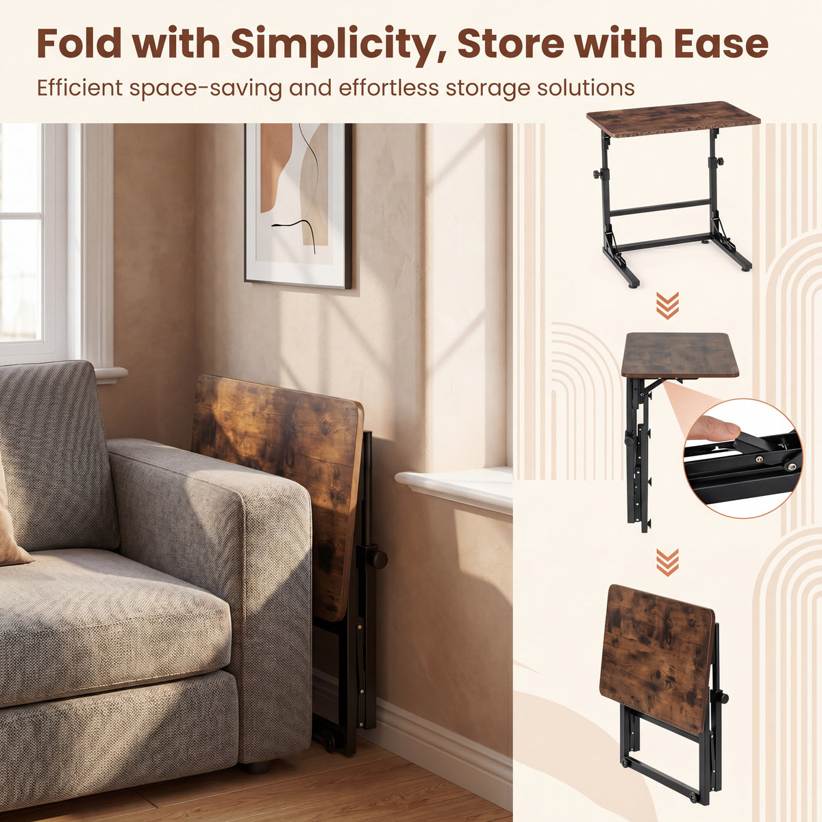Folding C-Shaped End Table, Height Adjustable Sofa Side Table with Metal Frame