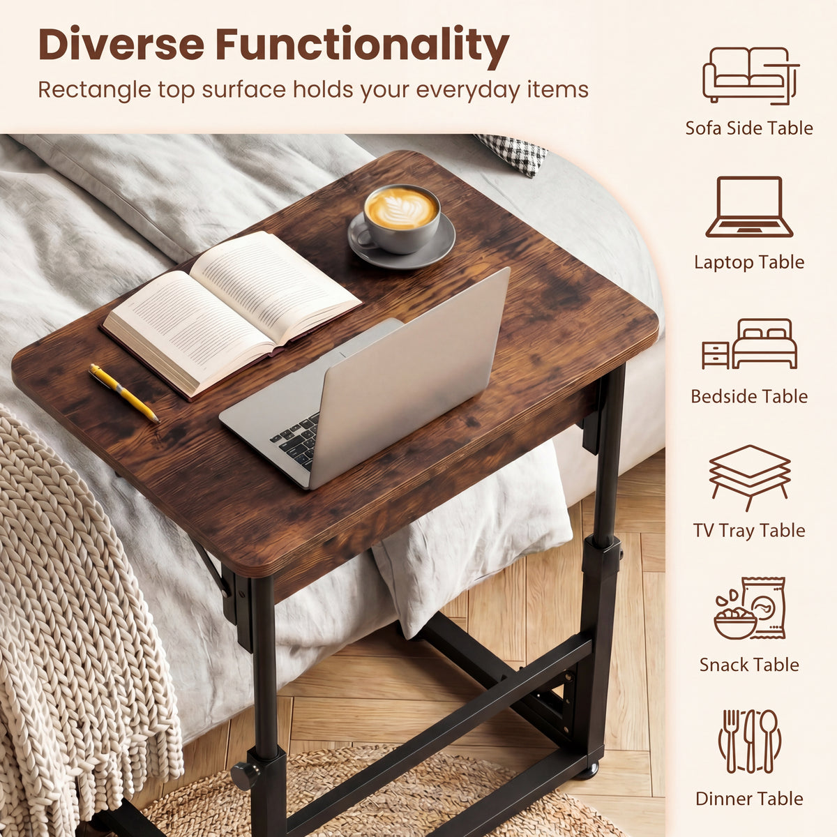 Folding C-Shaped End Table, Height Adjustable Sofa Side Table with Metal Frame