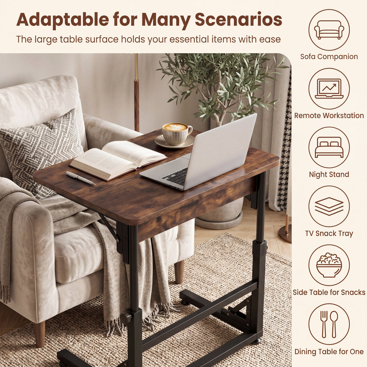 Folding C-Shaped End Table, Height Adjustable Sofa Side Table with Metal Frame