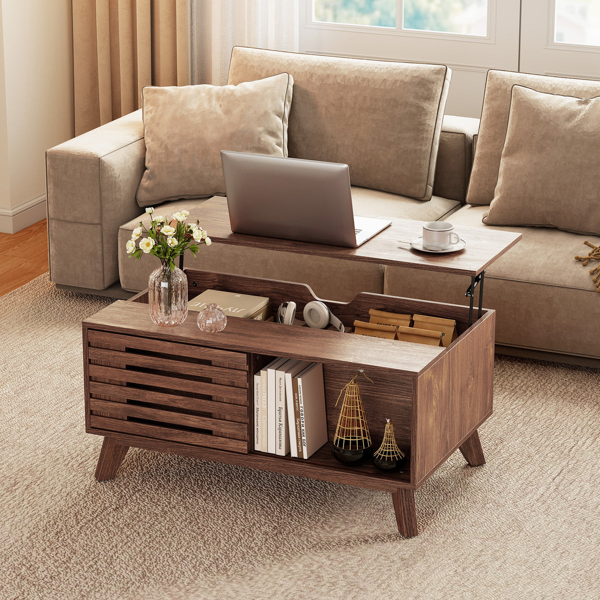 Lift Top Coffee Table with Hidden Compartment for Living Room