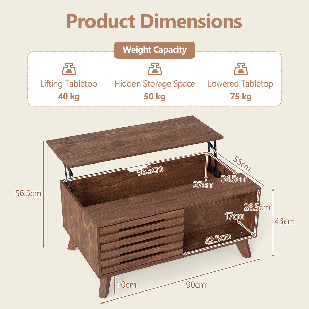 Lift Top Coffee Table with Hidden Compartment for Living Room