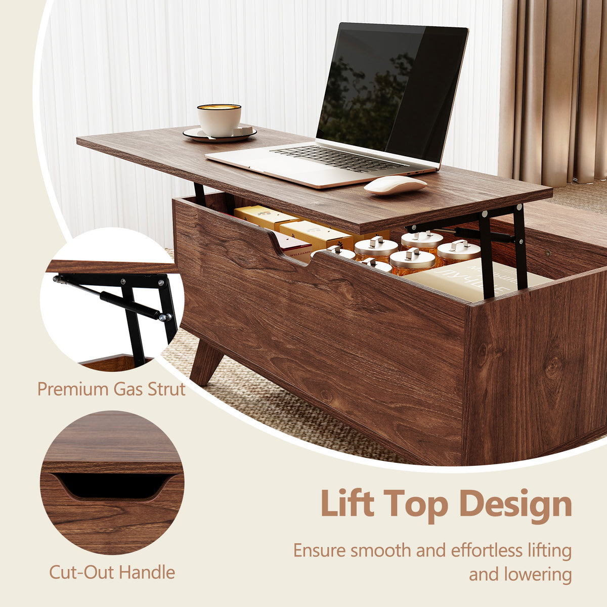 Lift Top Coffee Table with Hidden Compartment for Living Room
