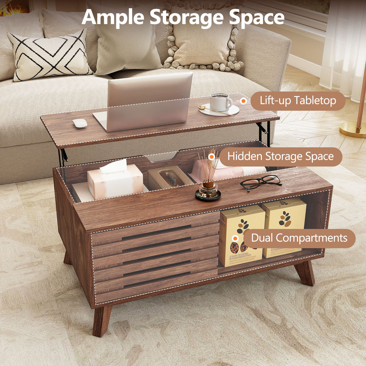 Lift Top Coffee Table with Hidden Compartment for Living Room