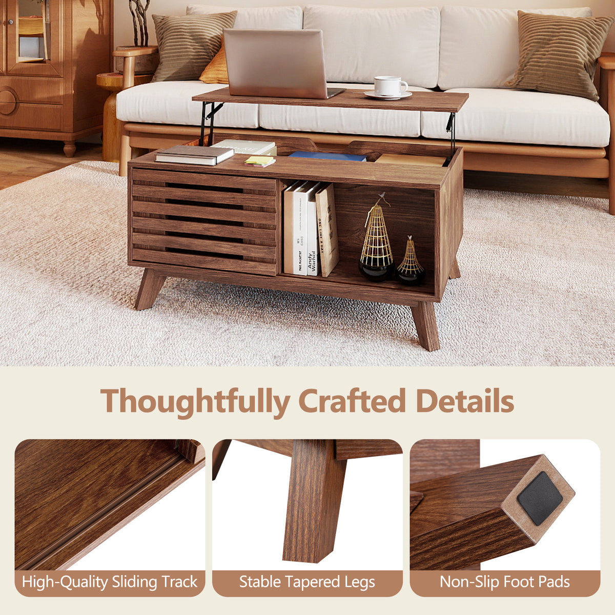 Lift Top Coffee Table with Hidden Compartment for Living Room