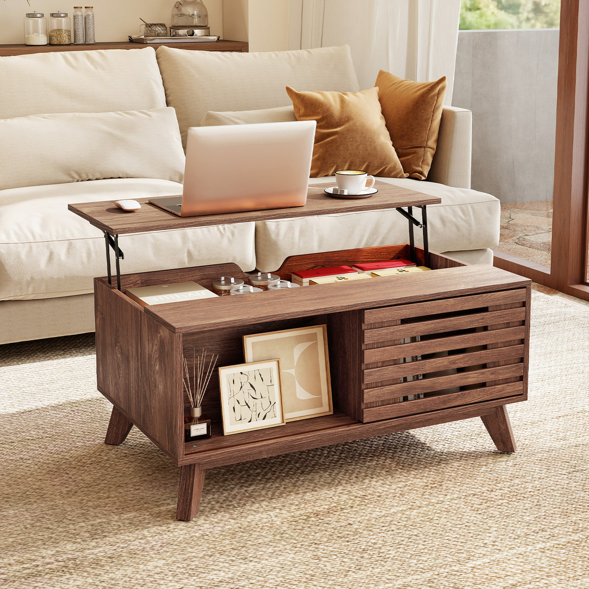 Lift Top Coffee Table with Hidden Compartment for Living Room