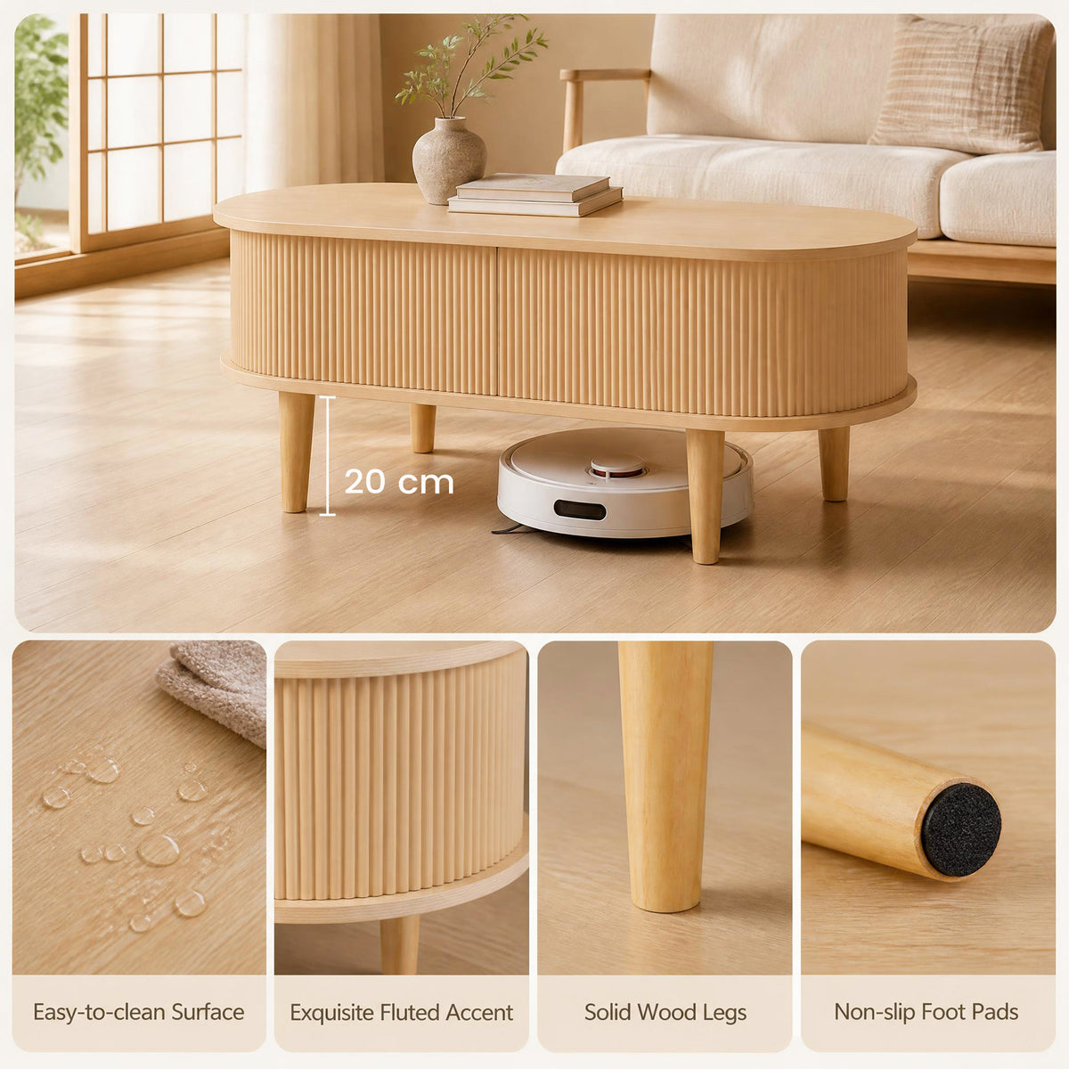 Oval Lift Top Coffee Table with Storage, Walnut/ Natural