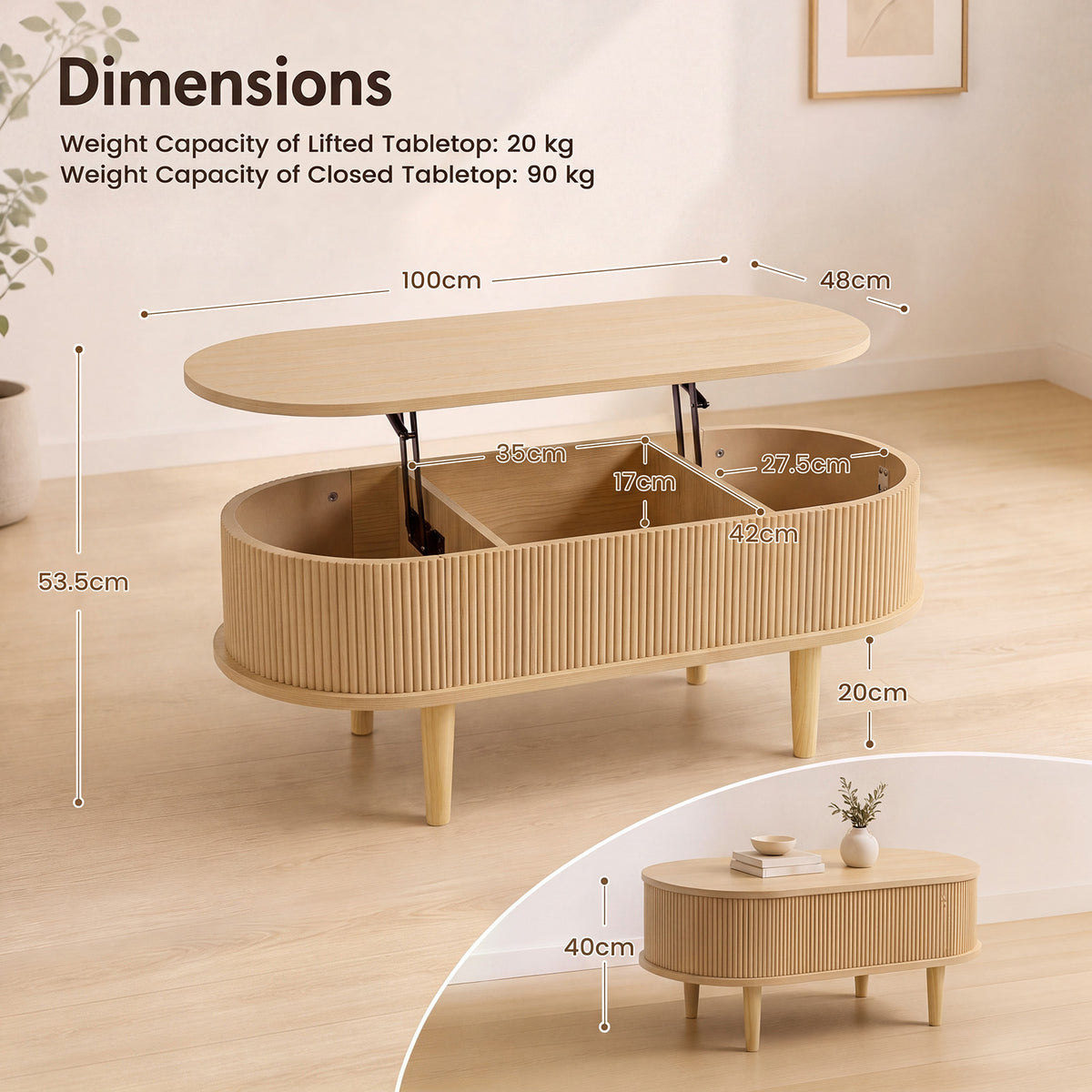 Oval Lift Top Coffee Table with Storage, Walnut/ Natural