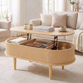 Oval Lift Top Coffee Table with Storage, Walnut/ Natural