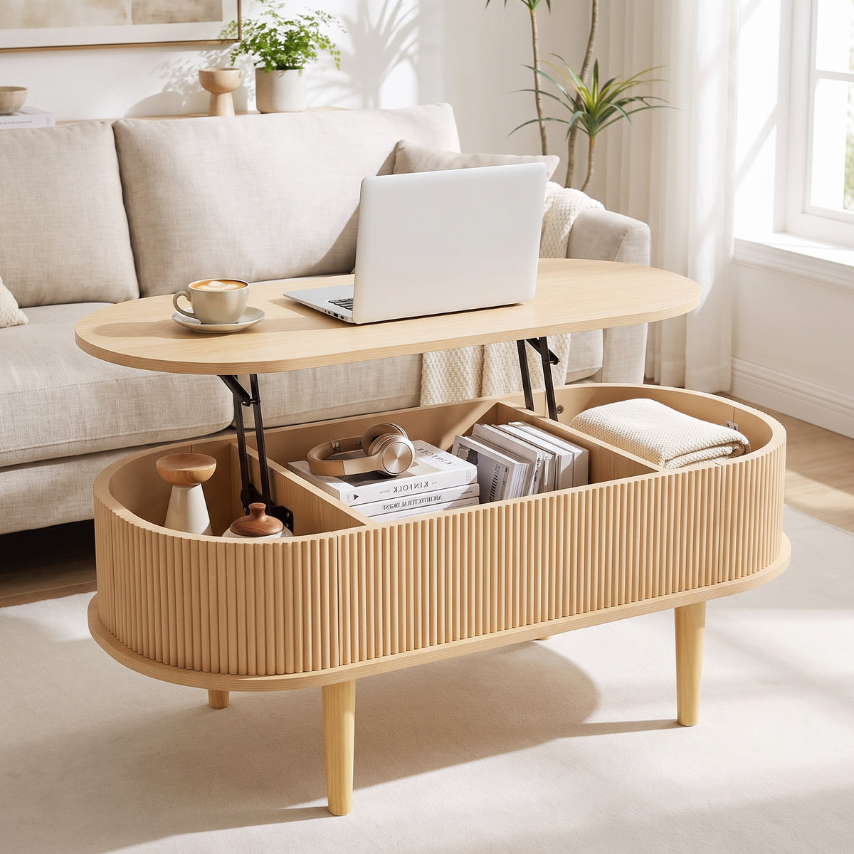 Oval Lift Top Coffee Table with Storage, Walnut/ Natural