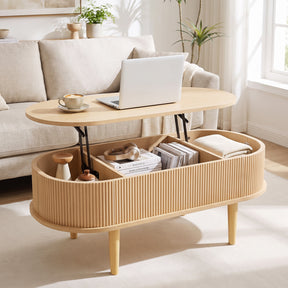 Oval Lift Top Coffee Table with Storage, Walnut/ Natural