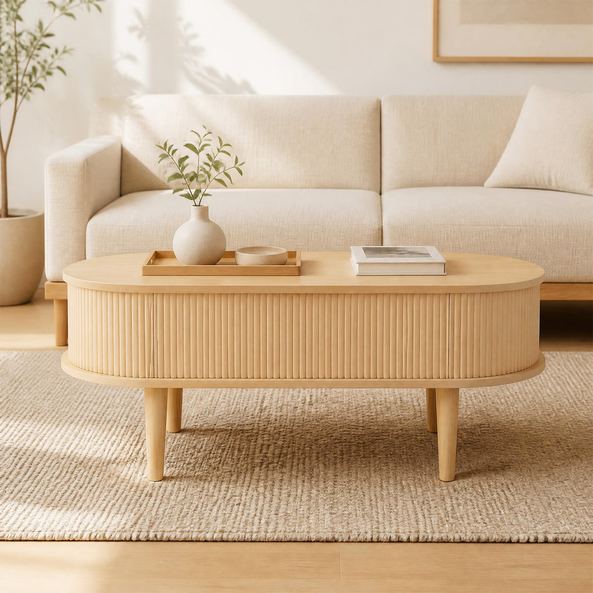 Oval Lift Top Coffee Table with Storage, Walnut/ Natural