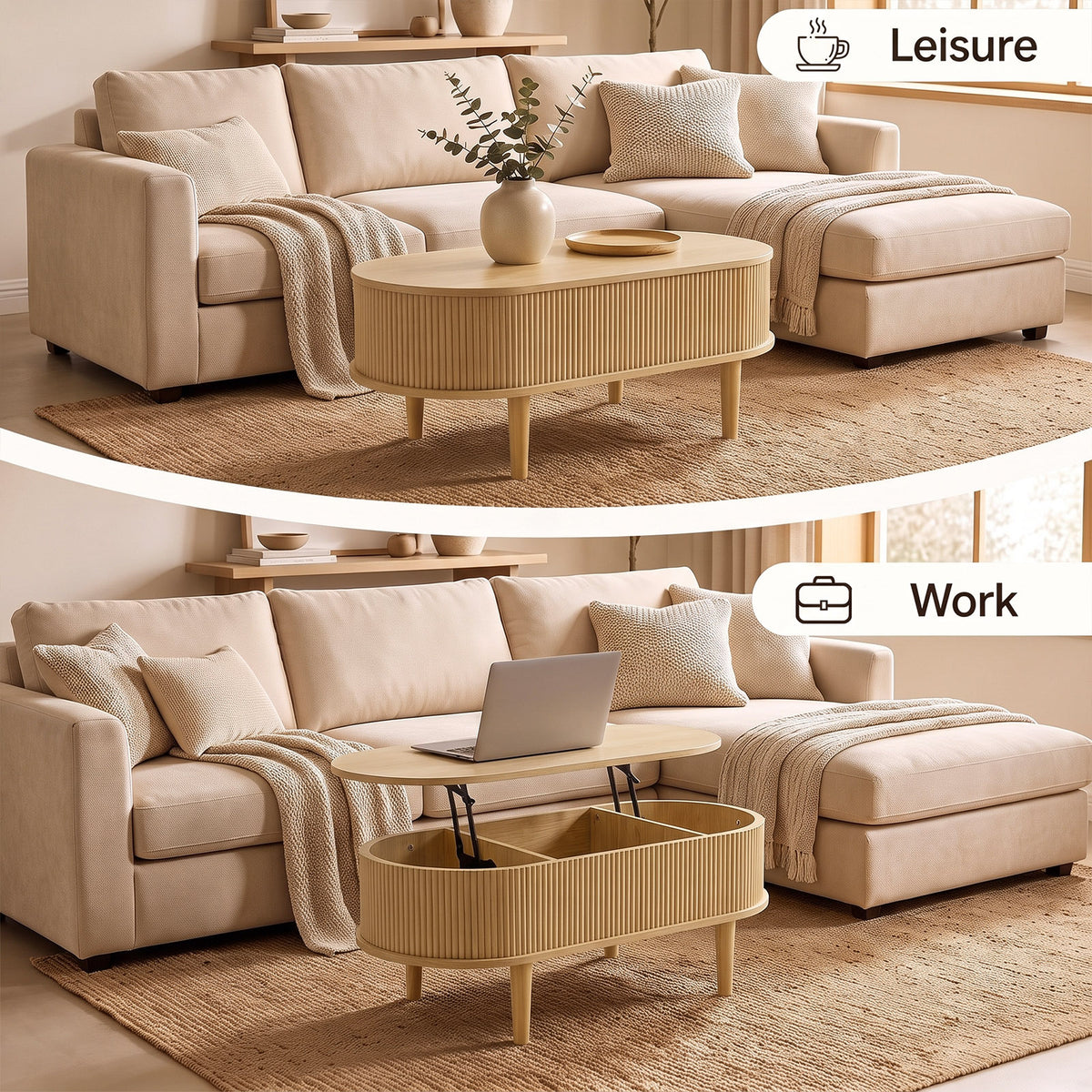 Oval Lift Top Coffee Table with Storage, Walnut/ Natural