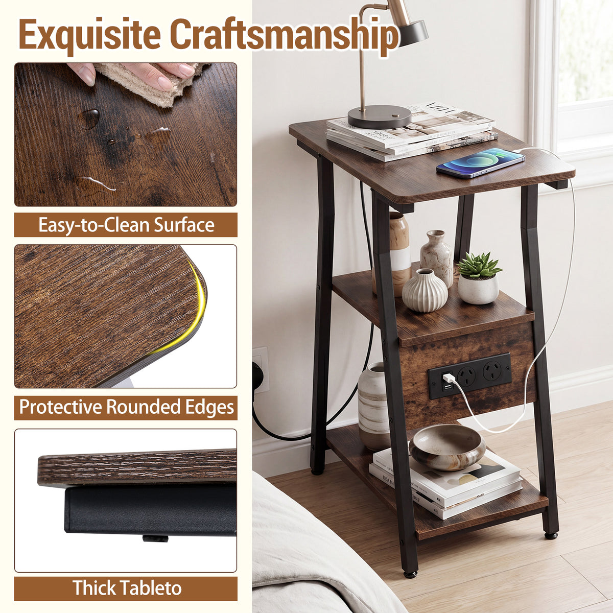 End Table with Charging Station, 3-Tier Industrial Side Table with 2 AC Outlets, 1 USB Port and 1 Type-C Port