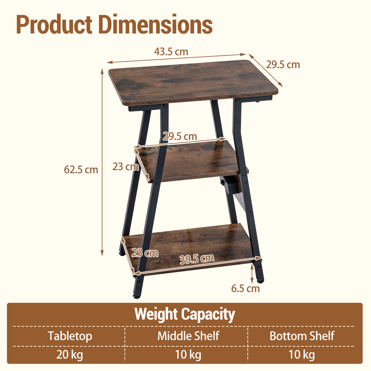 End Table with Charging Station, 3-Tier Industrial Side Table with 2 AC Outlets, 1 USB Port and 1 Type-C Port