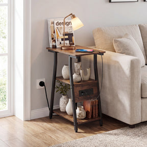 End Table with Charging Station, 3-Tier Industrial Side Table with 2 AC Outlets, 1 USB Port and 1 Type-C Port