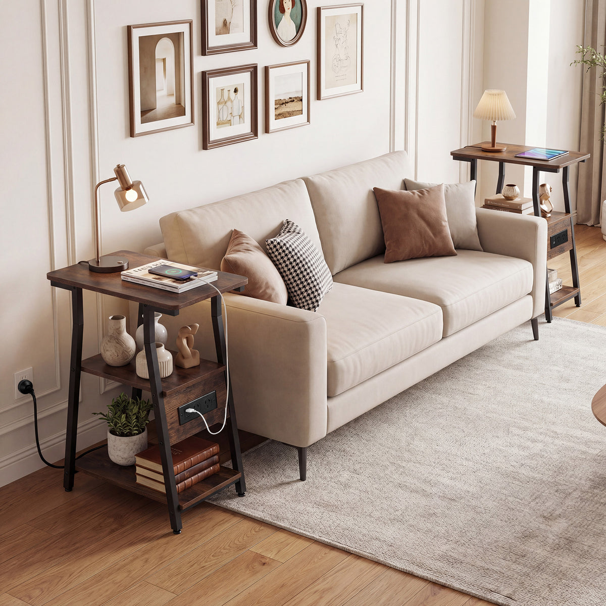 End Table with Charging Station, 3-Tier Industrial Side Table with 2 AC Outlets, 1 USB Port and 1 Type-C Port