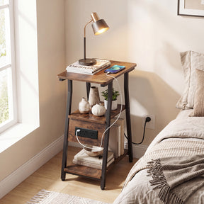 End Table with Charging Station, 3-Tier Industrial Side Table with 2 AC Outlets, 1 USB Port and 1 Type-C Port