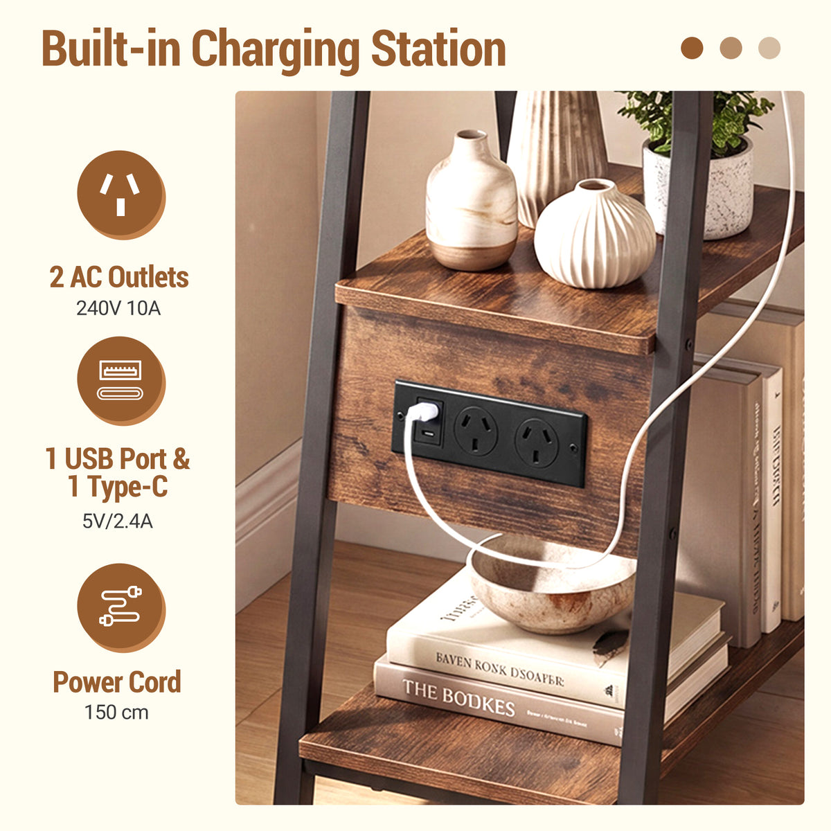 End Table with Charging Station, 3-Tier Industrial Side Table with 2 AC Outlets, 1 USB Port and 1 Type-C Port