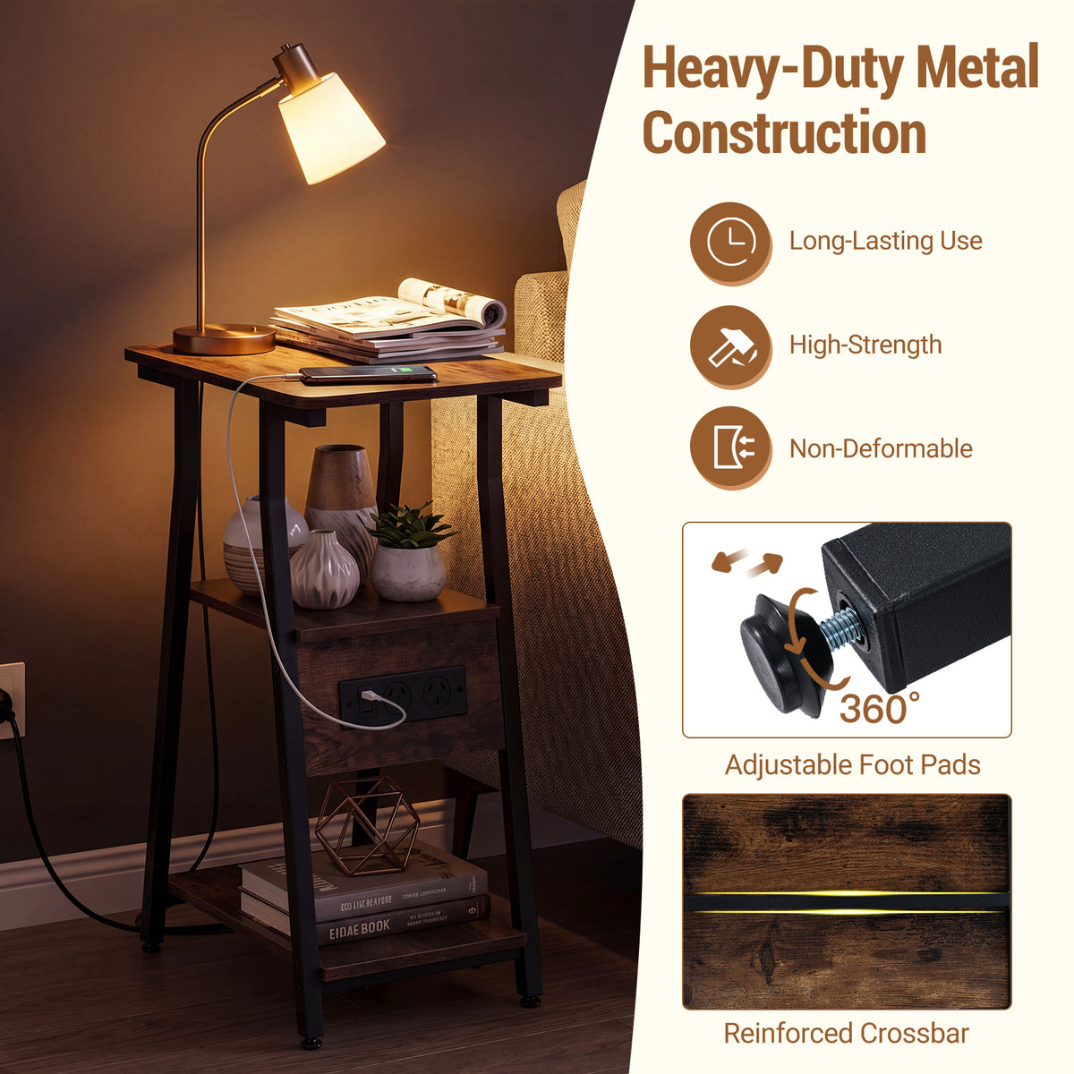 End Table with Charging Station, 3-Tier Industrial Side Table with 2 AC Outlets, 1 USB Port and 1 Type-C Port