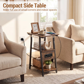 End Table with Charging Station, 3-Tier Industrial Side Table with 2 AC Outlets, 1 USB Port and 1 Type-C Port