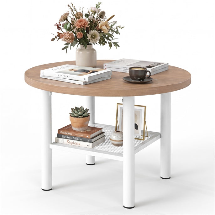 Round Coffee Table, 2-Tier Modern Circular Center Table with Storage Shelf