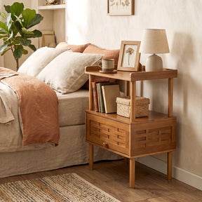Bamboo Rattan Nightstand, Natural Side Table with Raised Edge