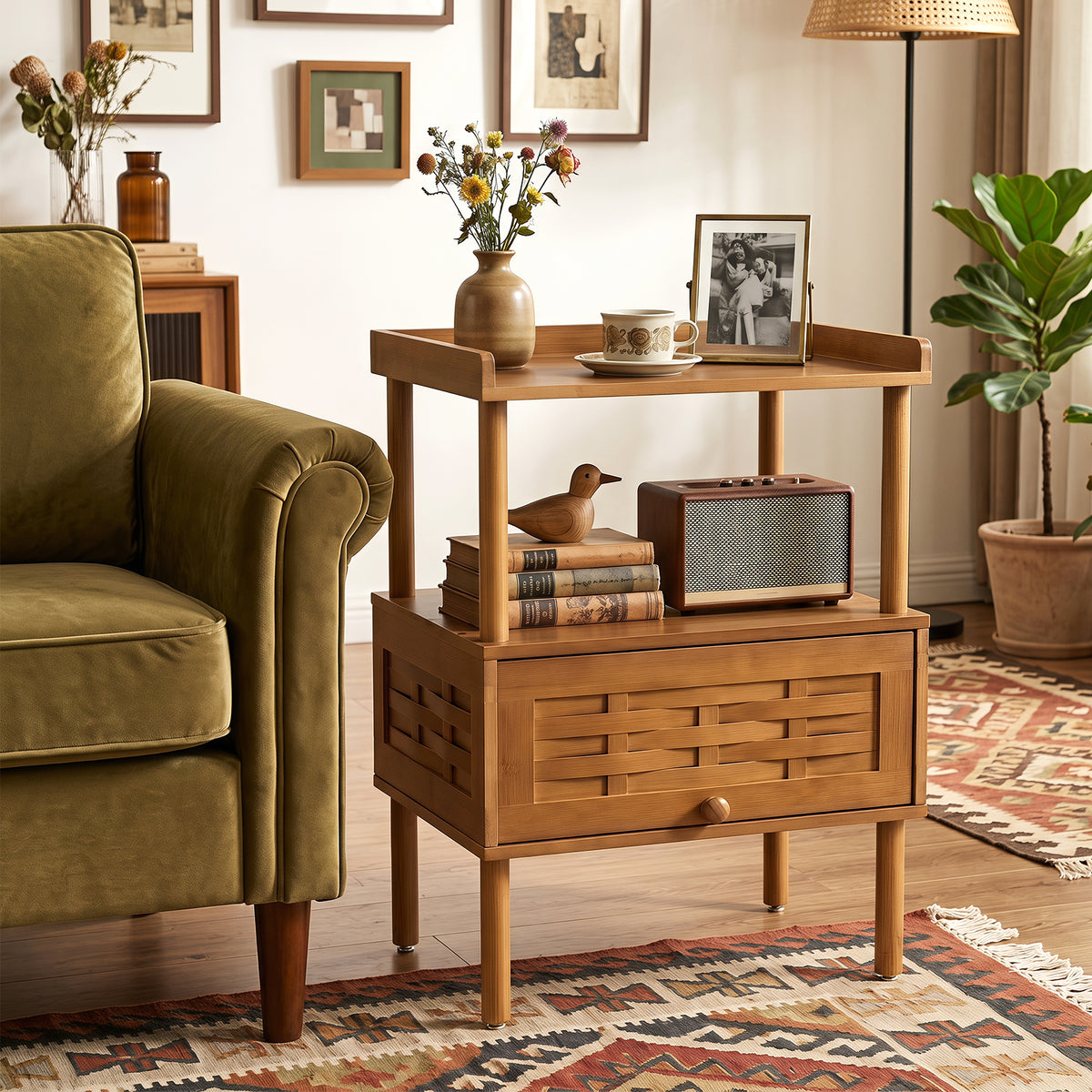 Bamboo Rattan Nightstand, Natural Side Table with Raised Edge