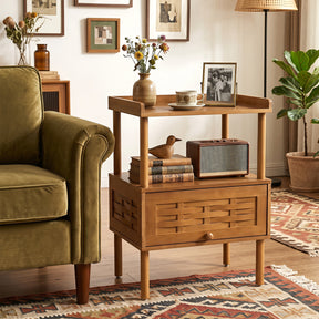 Bamboo Rattan Nightstand, Natural Side Table with Raised Edge