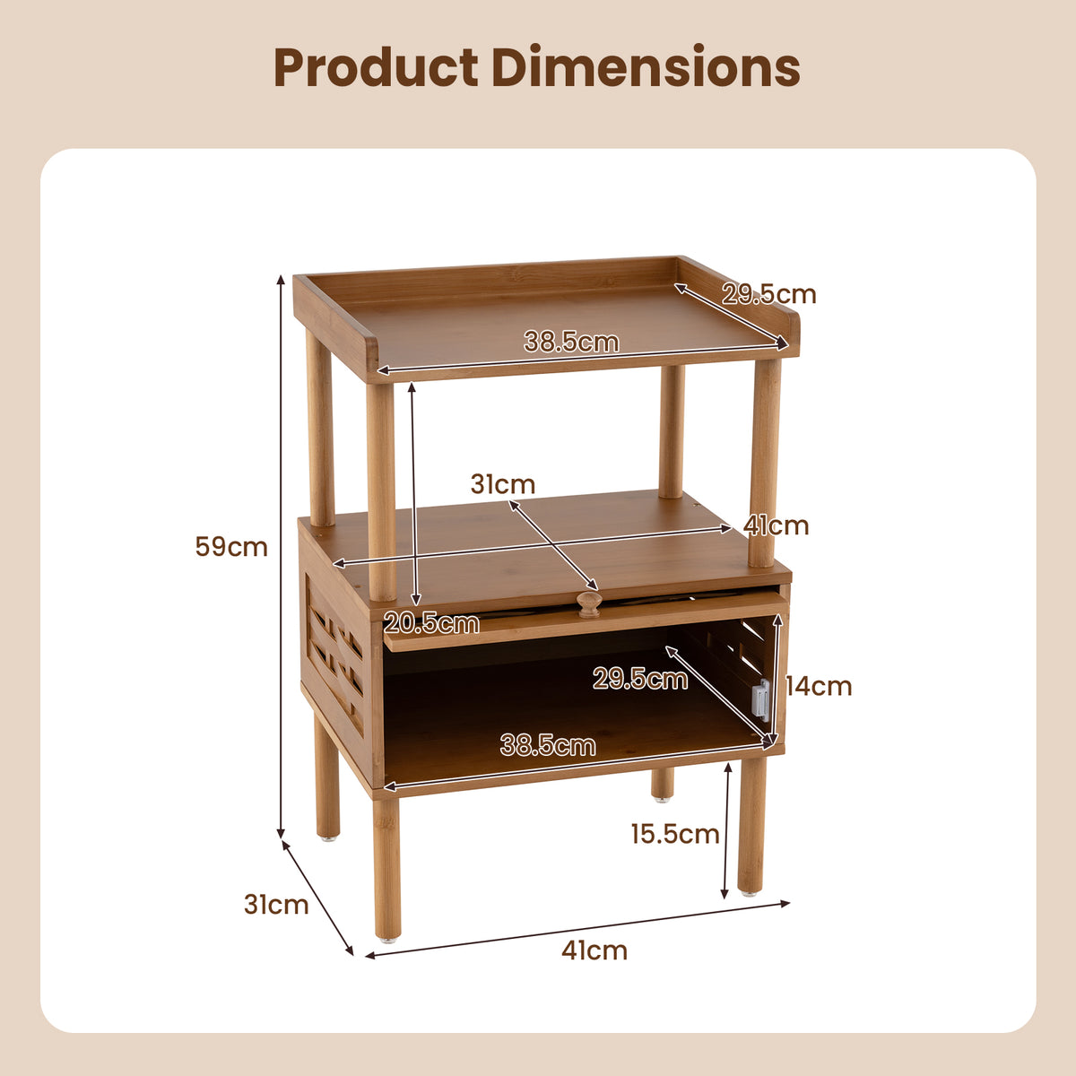 Bamboo Rattan Nightstand, Natural Side Table with Raised Edge