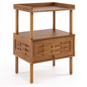 Bamboo Rattan Nightstand, Natural Side Table with Raised Edge