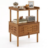 Bamboo Rattan Nightstand, Natural Side Table with Raised Edge