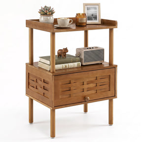 Bamboo Rattan Nightstand, Natural Side Table with Raised Edge