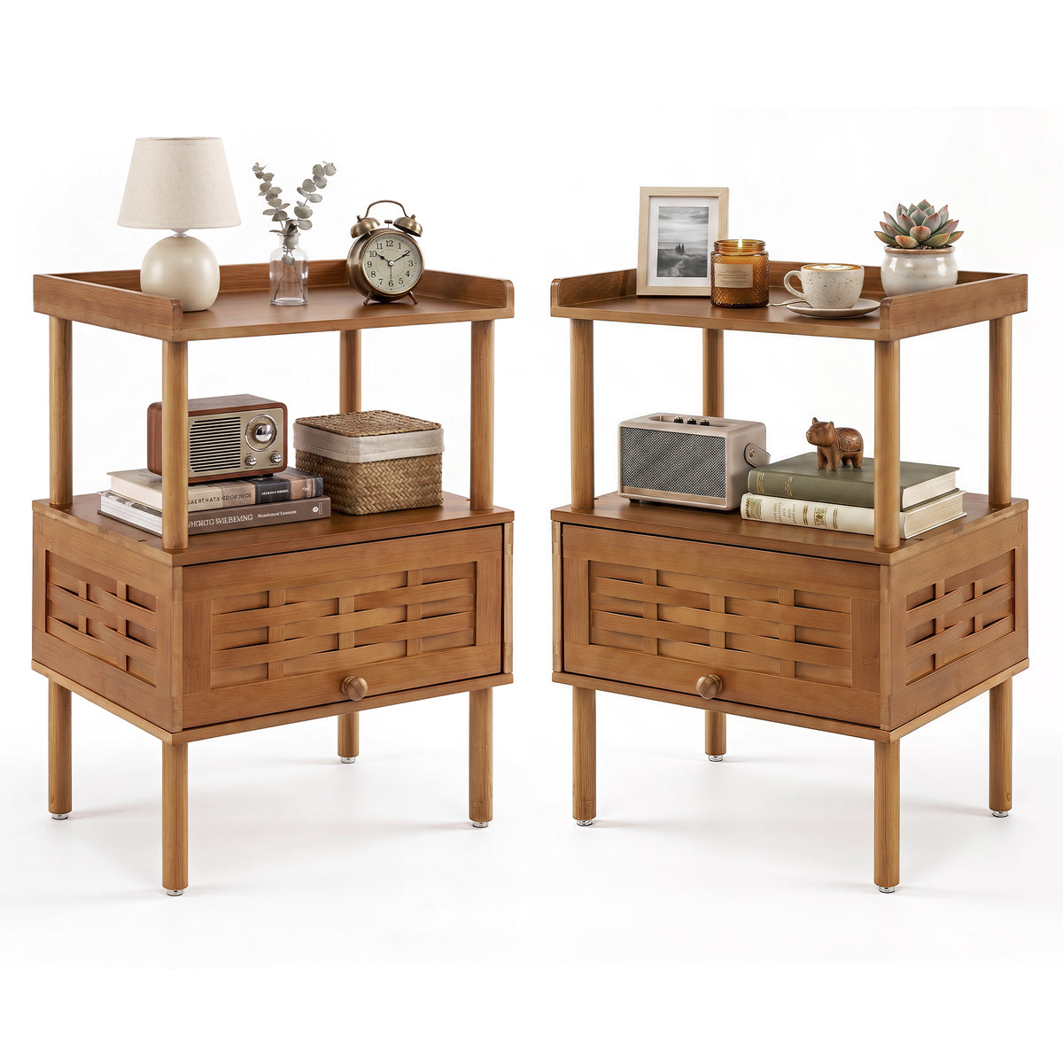 Bamboo Rattan Nightstand, Natural Side Table with Raised Edge