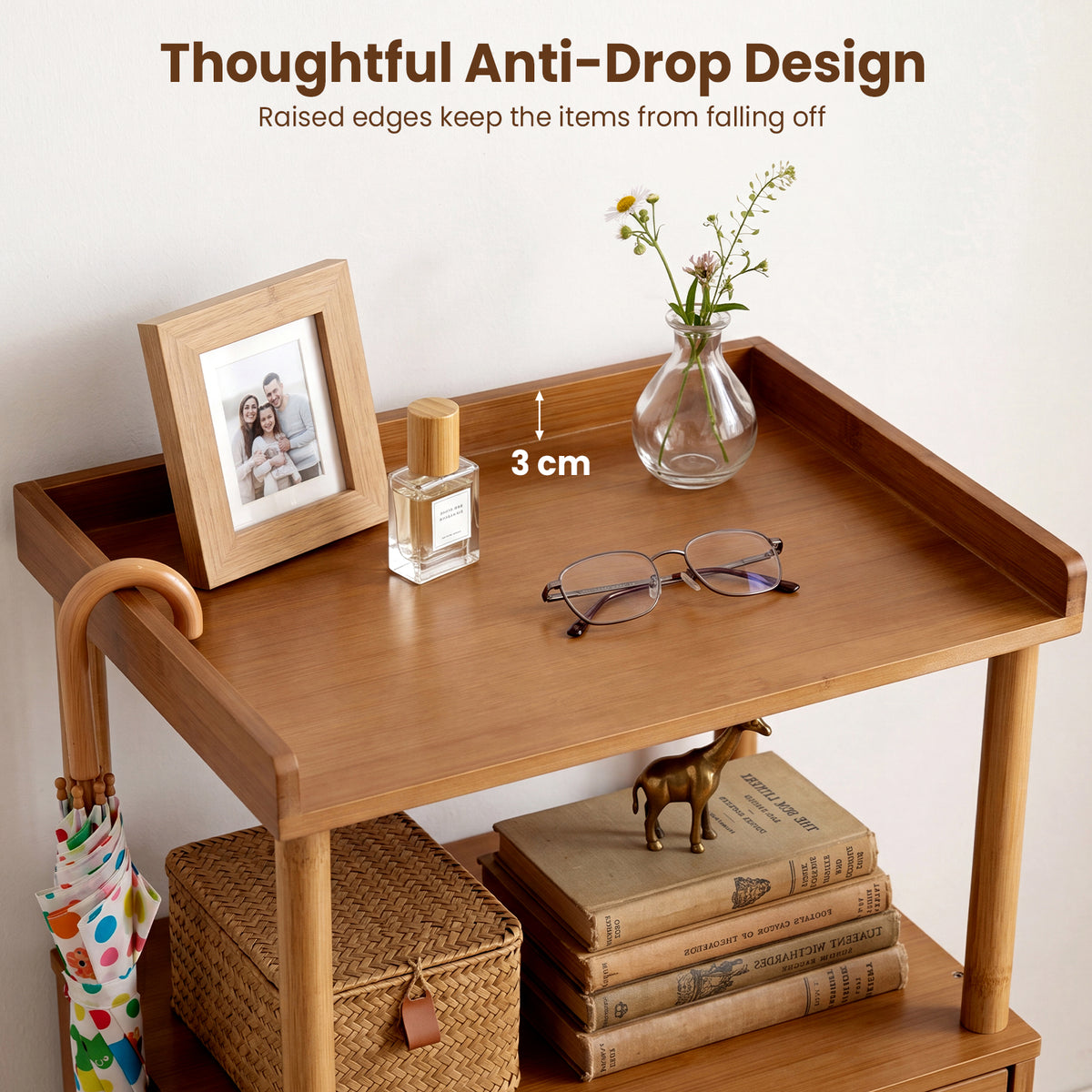 Bamboo Rattan Nightstand, Natural Side Table with Raised Edge