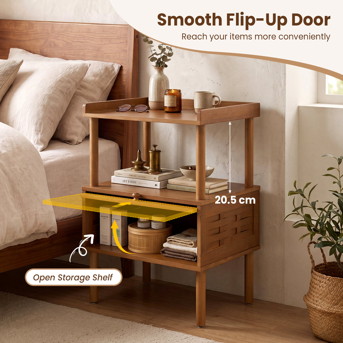 Bamboo Rattan Nightstand, Natural Side Table with Raised Edge