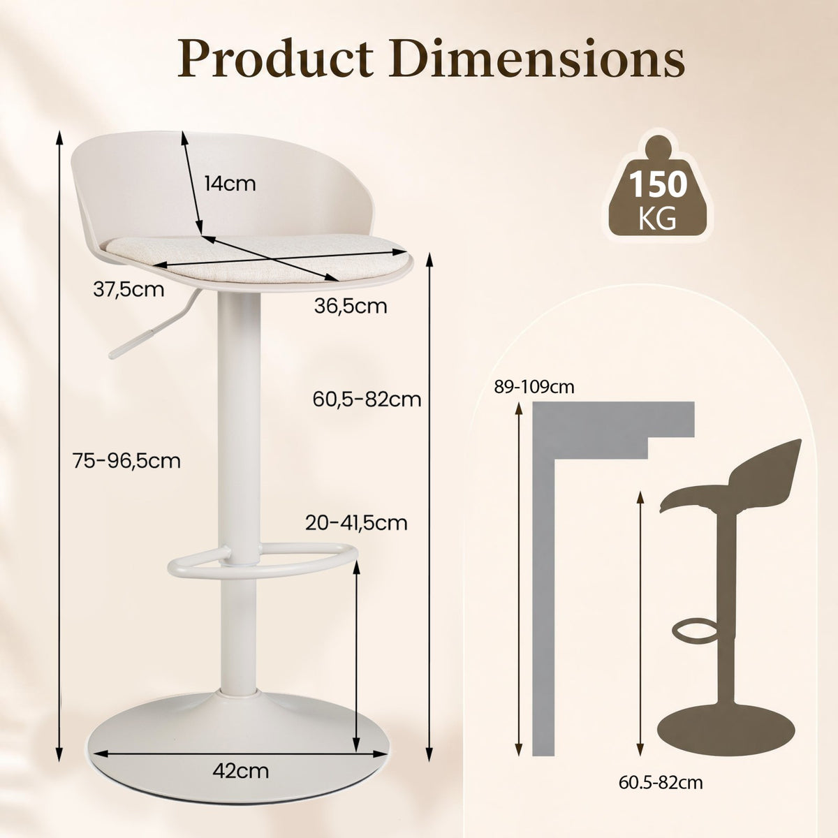 Set of 2 Adjustable Swivel Bar Stools w/ Back & Footrest, Loads 150 kg Each