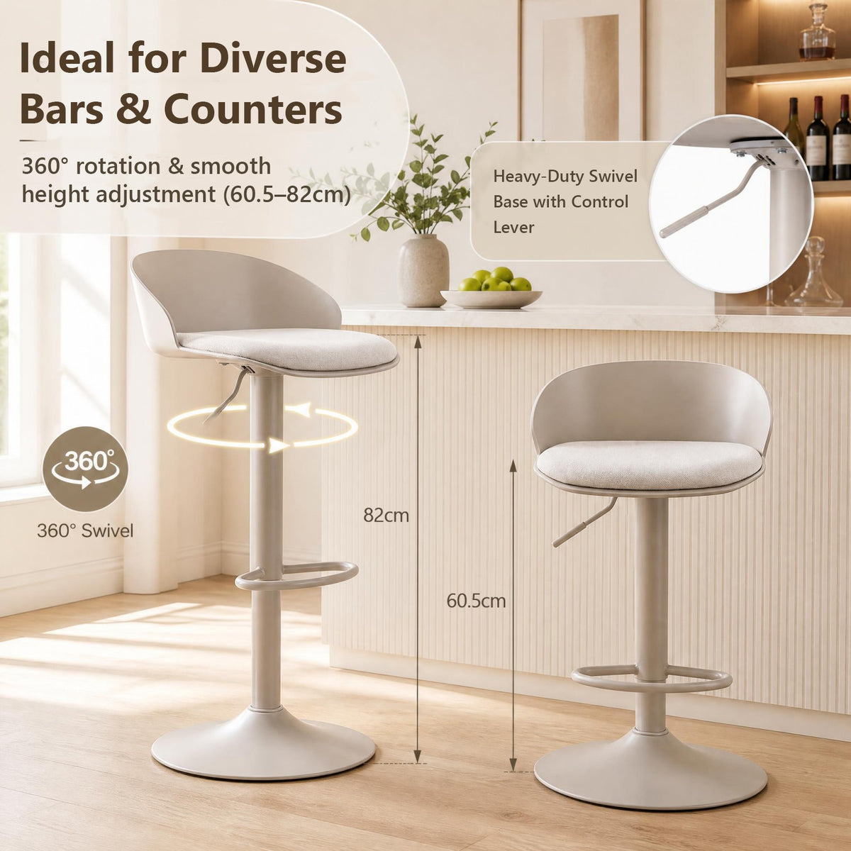 Set of 2 Adjustable Swivel Bar Stools w/ Back & Footrest, Loads 150 kg Each