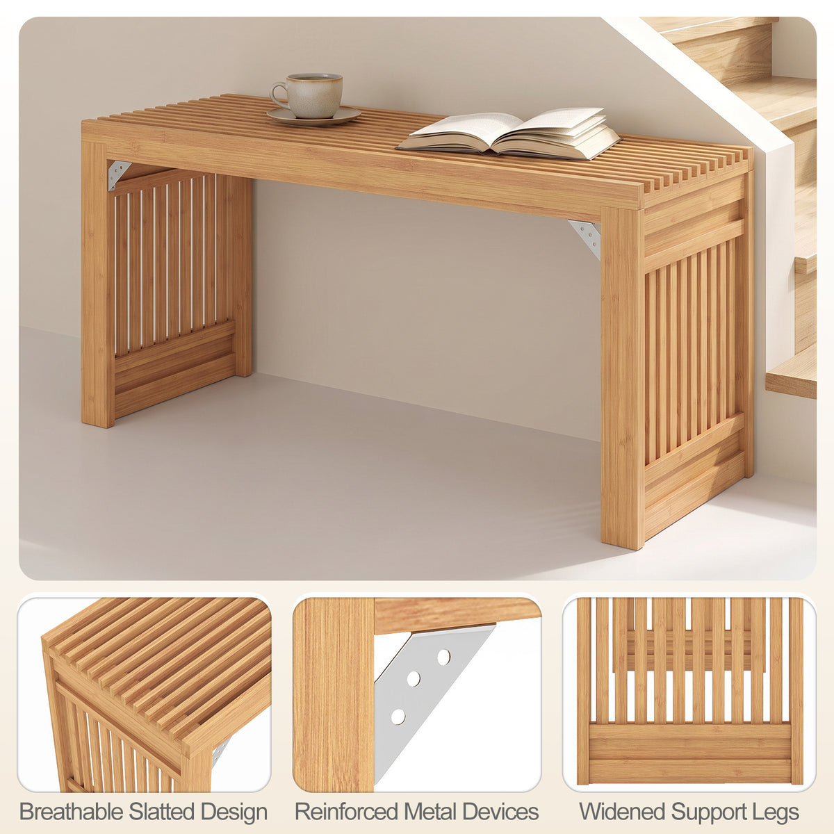 Bamboo Dining Bench, 90CM Long Entryway Bench Indoor Kitchen Bench