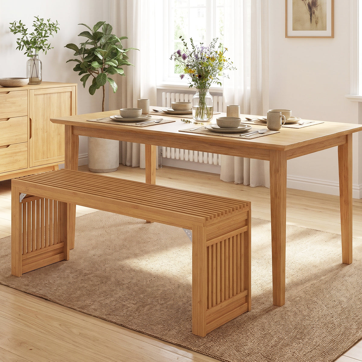Bamboo Dining Bench, 90CM Long Entryway Bench Indoor Kitchen Bench