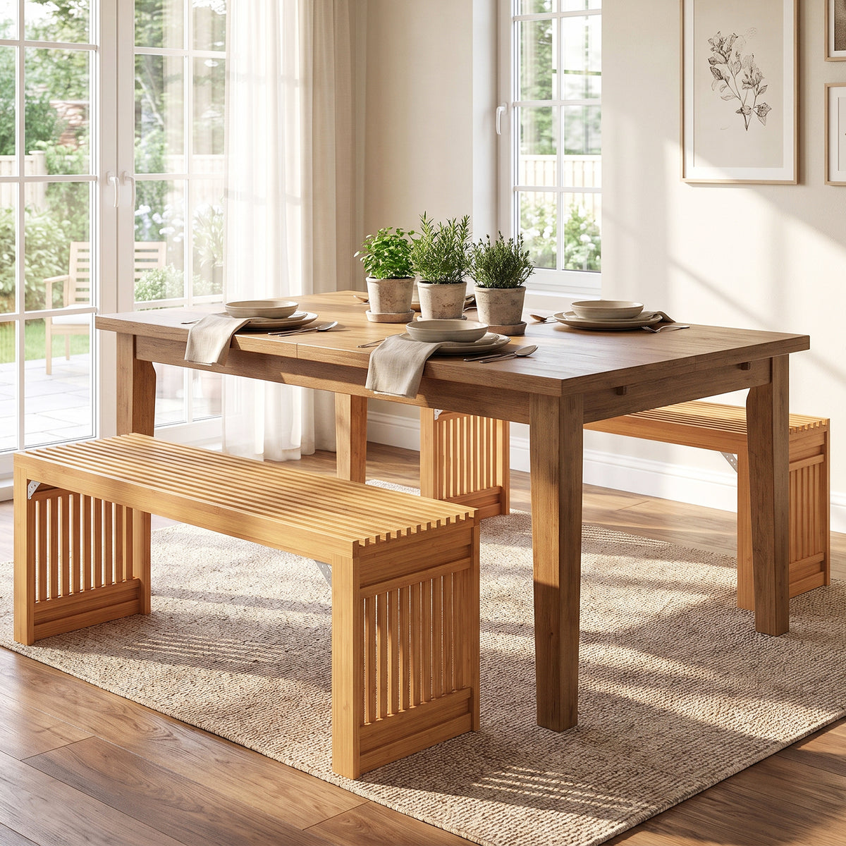 Bamboo Dining Bench, 90CM Long Entryway Bench Indoor Kitchen Bench