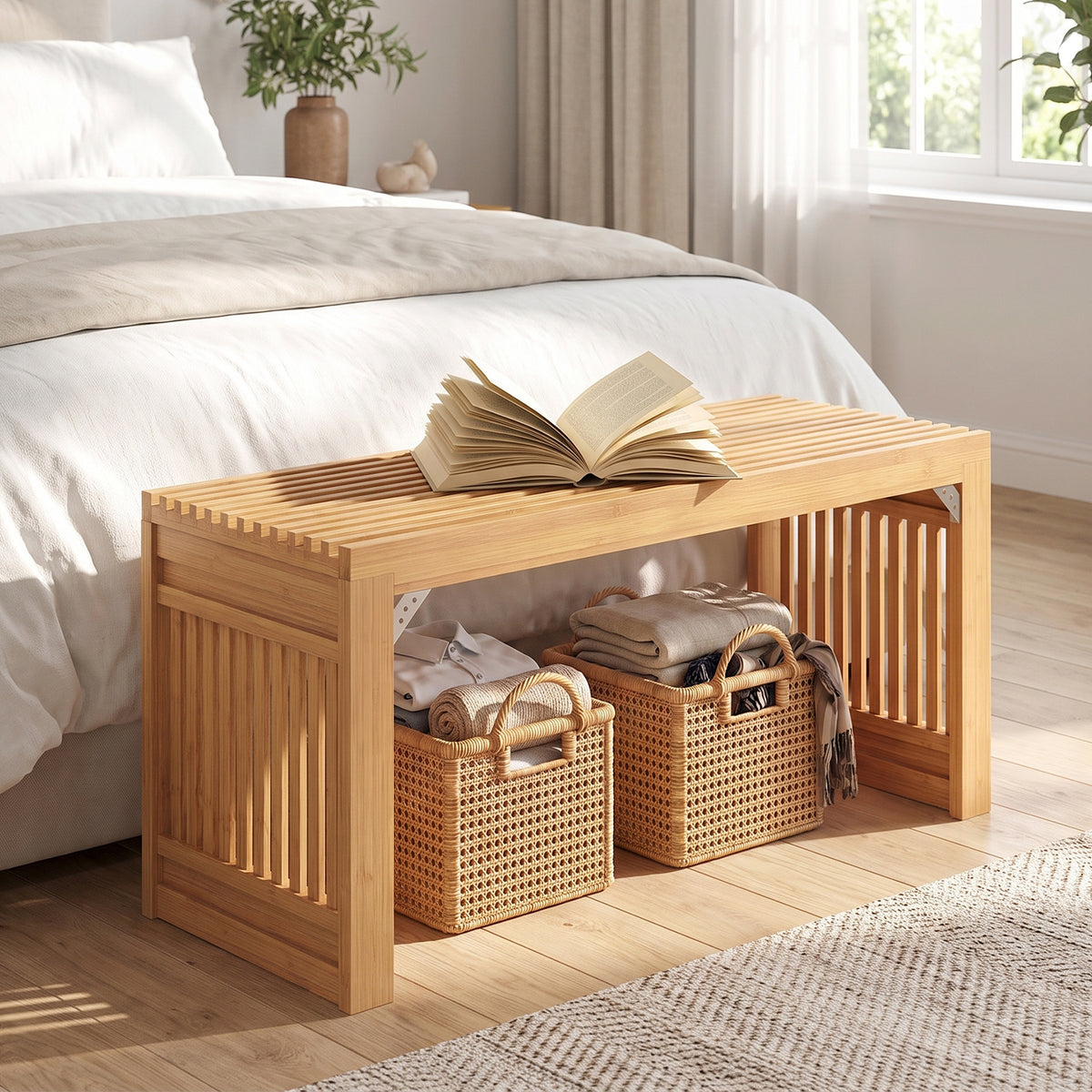Bamboo Dining Bench, 90CM Long Entryway Bench Indoor Kitchen Bench